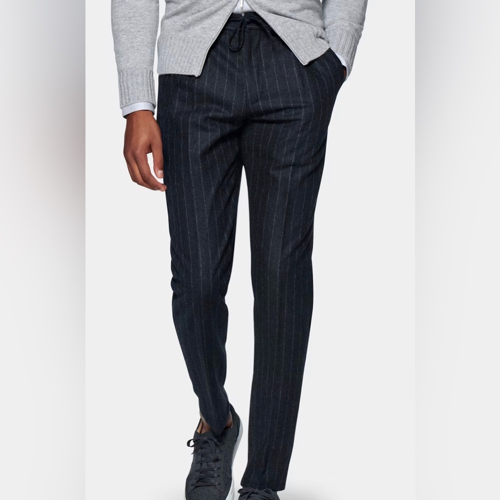 SUITSUPPLY Ames Pleated US34R Men's Blue Grey Pinstripe Wool Drawstring Trousers